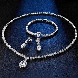 Women, Necklace Dangle Earrings Bracelet Set, White Gold Plated Jewelry Set with